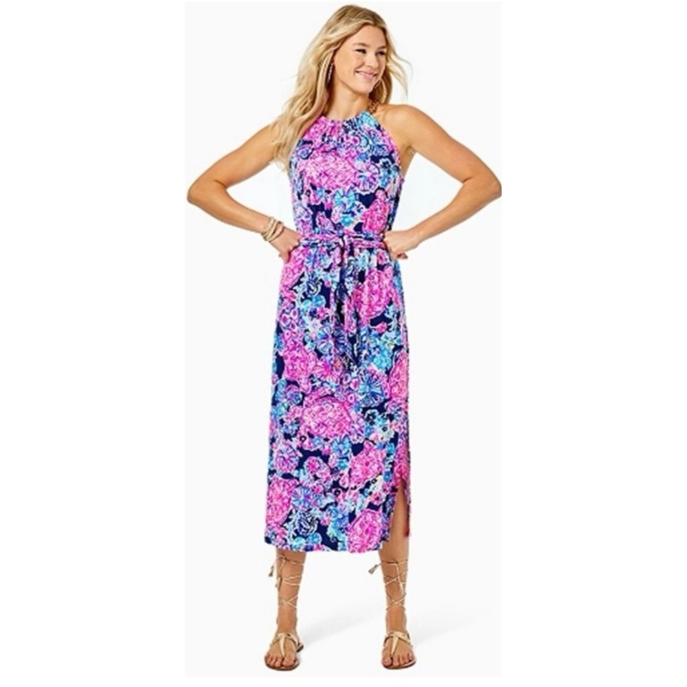 Lilly Pulitzer Bingham Midi Dress High Tide In Turtle Amazement Pink Blue Size L